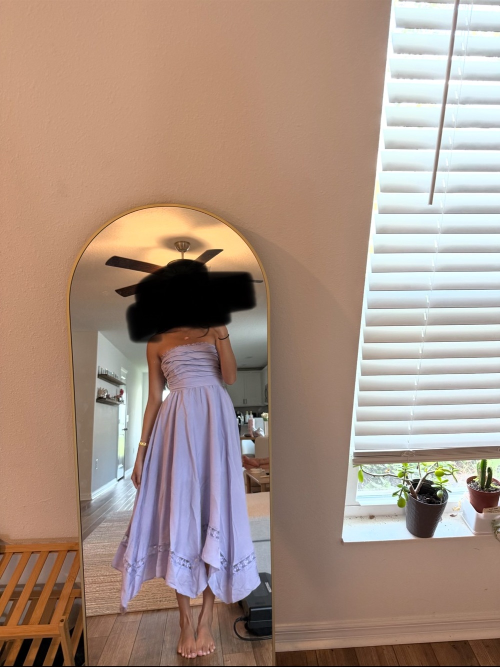 Strapless Lavender Midi Dress with Handkerchief Hemline